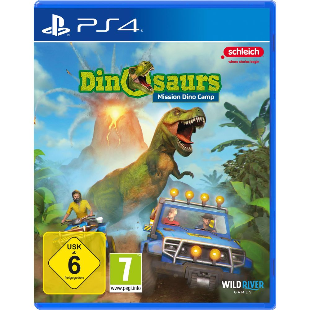 Ein T-Rex brüllt vor einem Vulkan. Ein Jeep und ein Quad fahren im Dschungel.