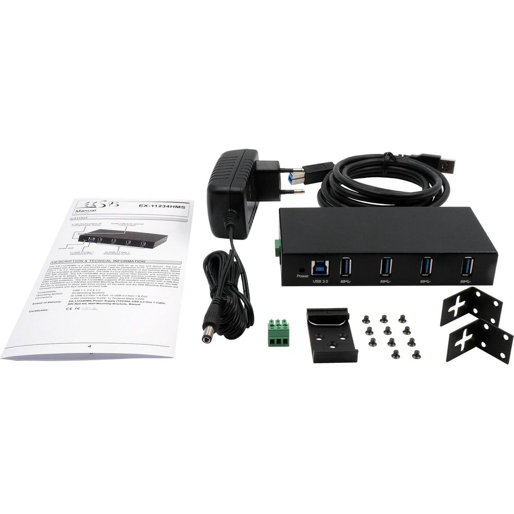 Hub USB 3.0 nero a 4 porte con alimentatore, cavi, manuale e accessori di montaggio.