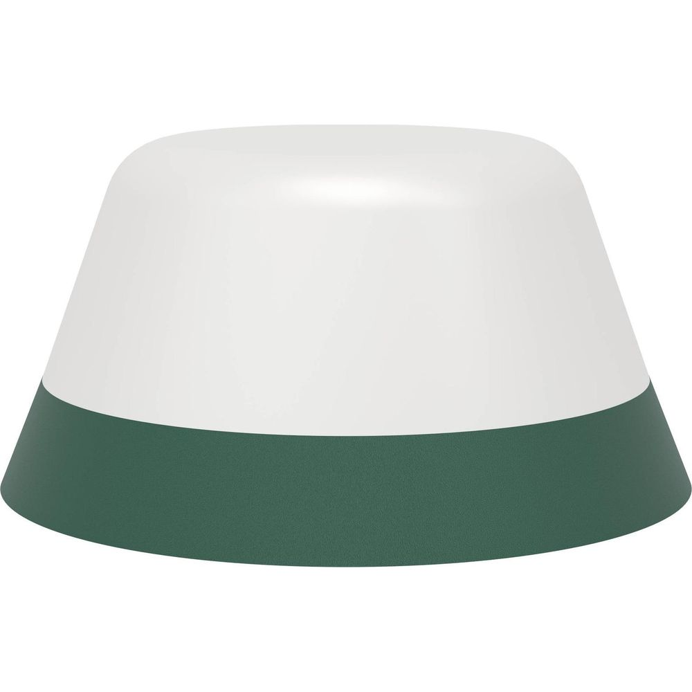 Eine weiße, glockenförmige Lampe mit einem grünen Sockel.