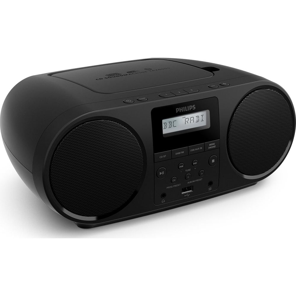 Zwarte Philips CD-soundmachine radio met luidsprekers en bedieningspaneel.