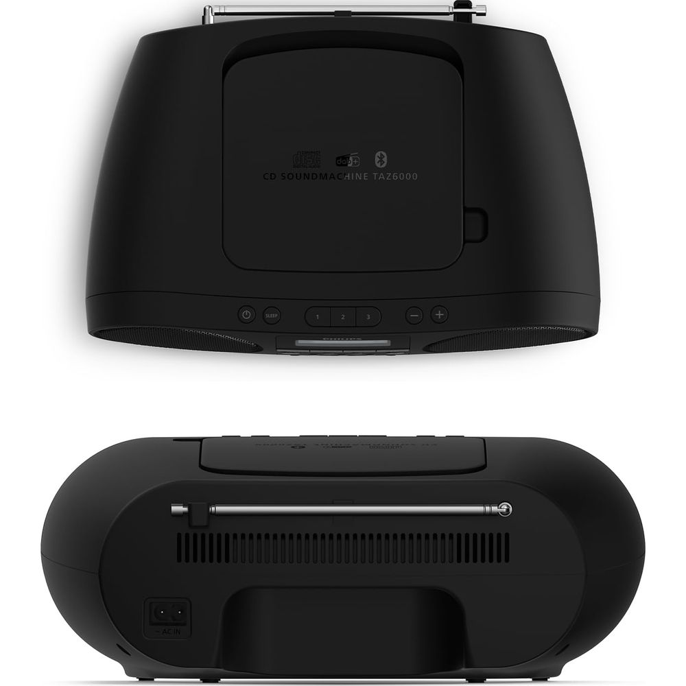 Zwarte CD Soundmachine TAZ6000 met radioantenne en bedieningsknoppen.