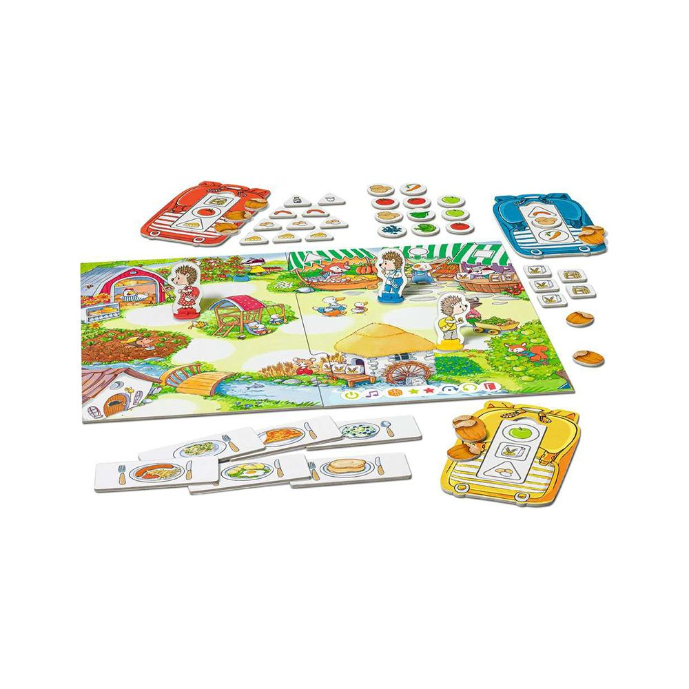 Brettspiel mit Igel-Figuren, Bauernhof-Szenen, Essen und Fahrzeugen.
