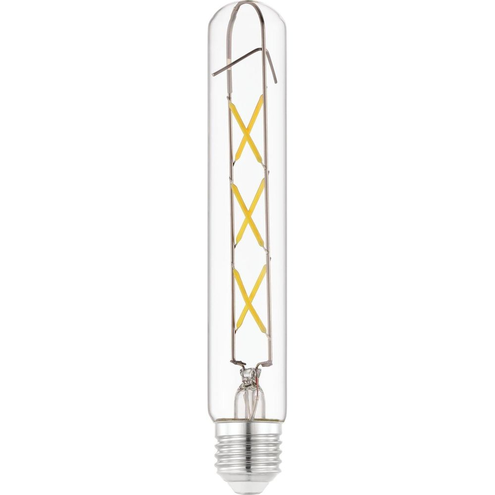 Una lampadina tubolare trasparente con base argentata e filamenti LED gialli.