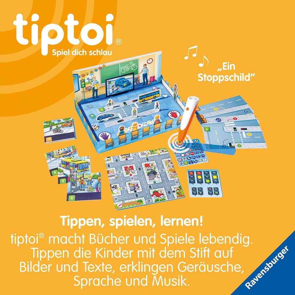 Gioco Tiptoi con penna, tabellone e carte a tema traffico.