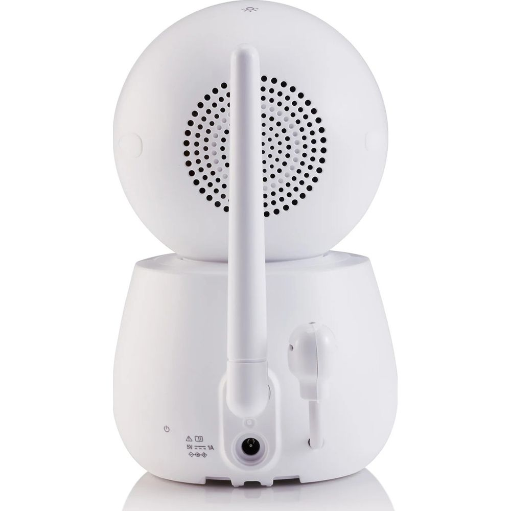 Biała kamera niani elektronicznej z anteną, maskownicą głośnika i portami.