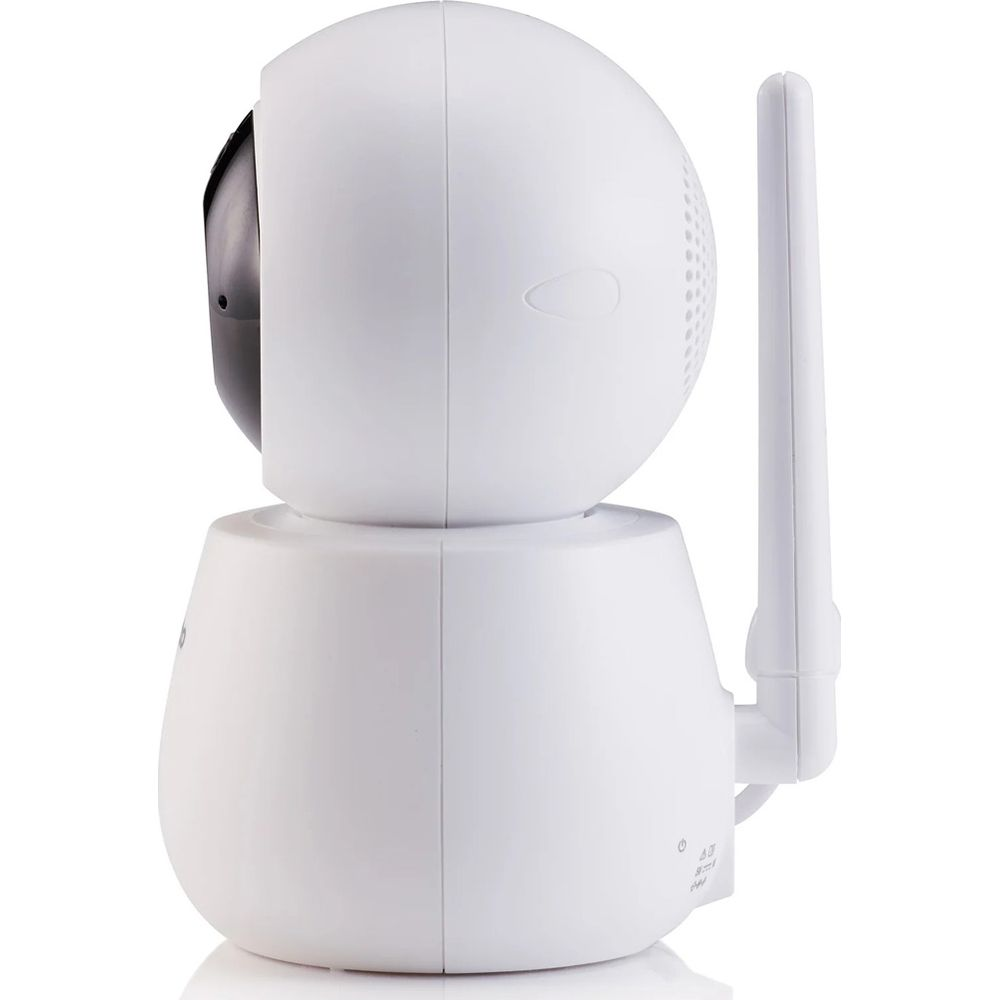 Biała kamera bezpieczeństwa z czarnym obiektywem i anteną.