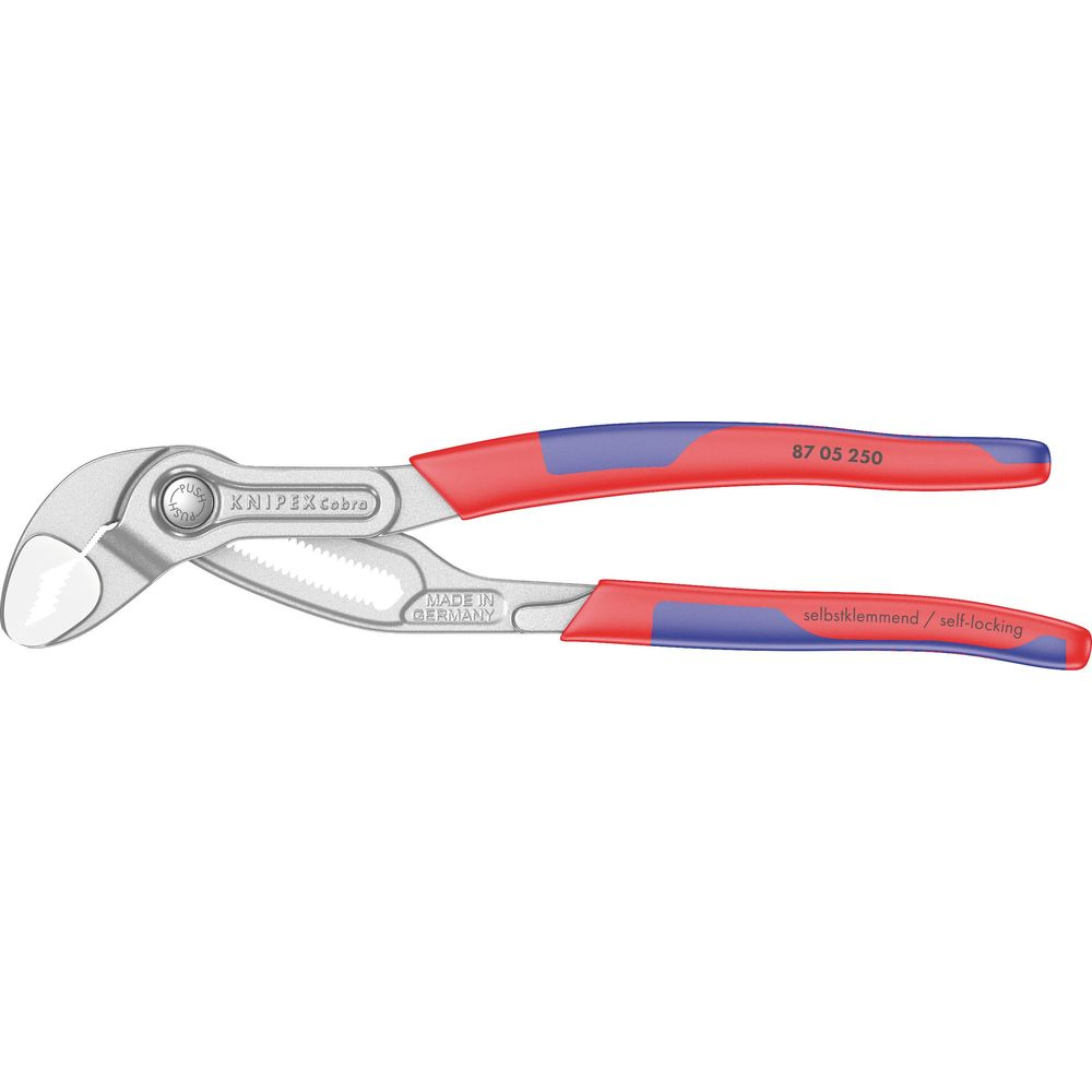 Knipex Cobra Zange mit roten und blauen Griffen, Made in Germany.