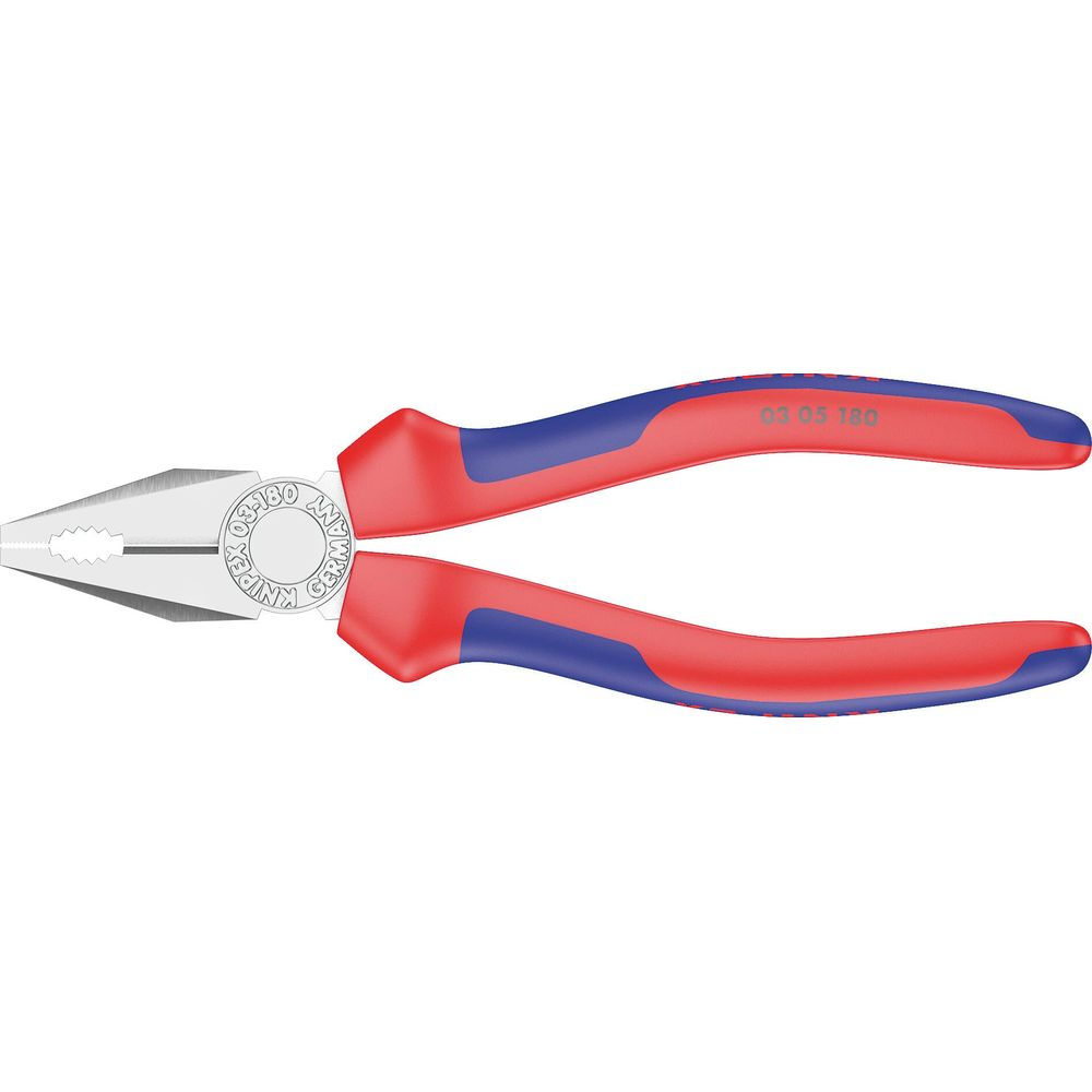 Kombizange mit roten und blauen Griffen, mit "KNIPEX 03-180 GERMANY" beschriftet.