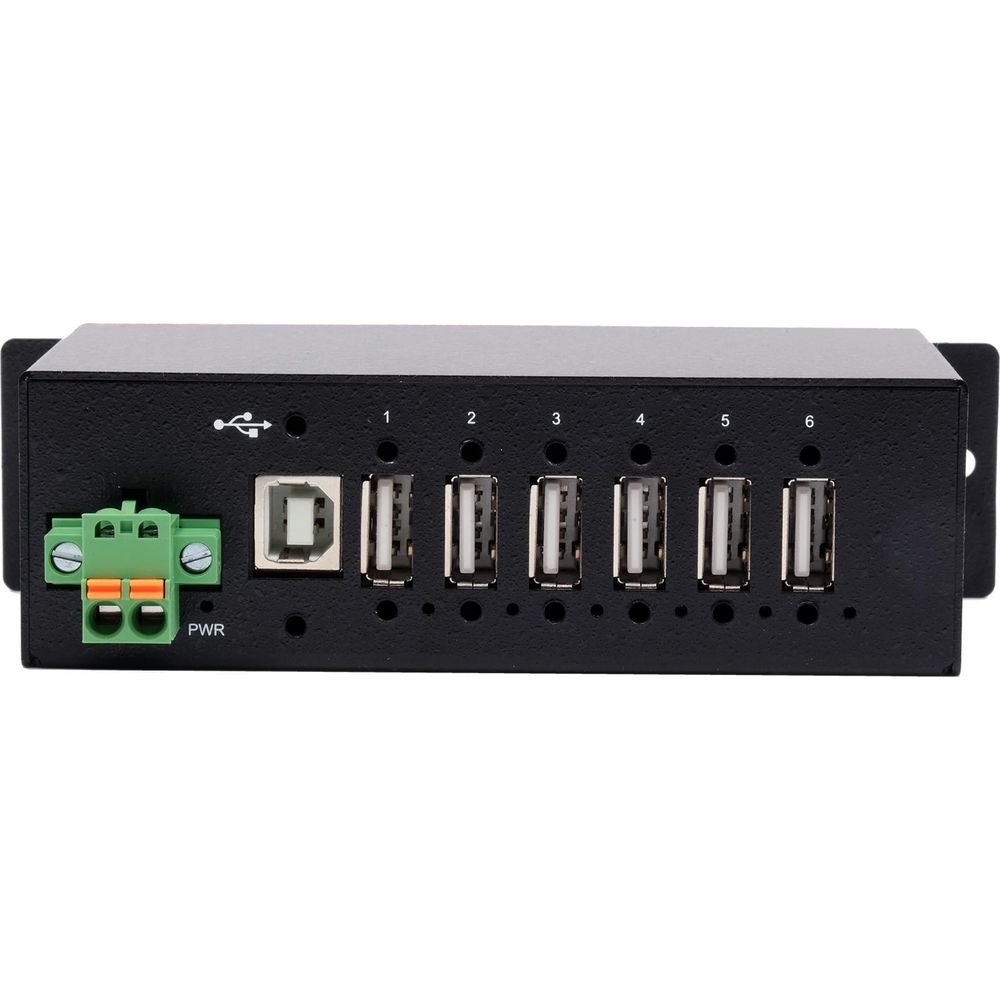 Hub USB nero a 6 porte con un ingresso USB-A e un connettore di alimentazione verde.