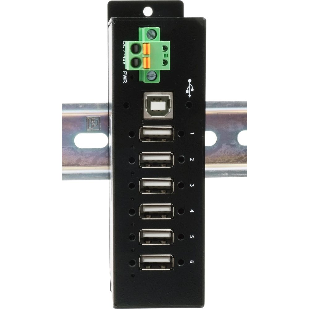 Hub USB nero a 6 porte con ingresso alimentazione CC, montato su guida DIN.