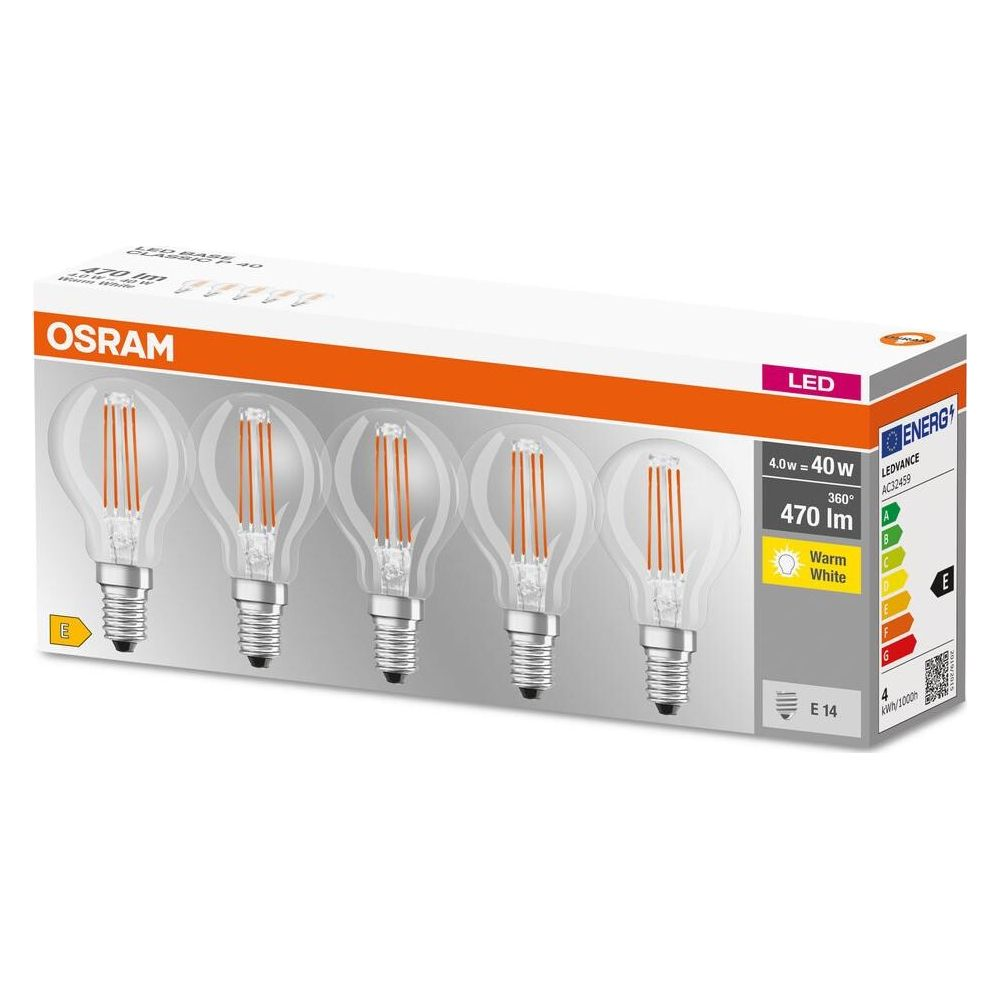Ampoules LED Osram, pack de 5, culot E14, blanc chaud, 4.0W, 470lm.