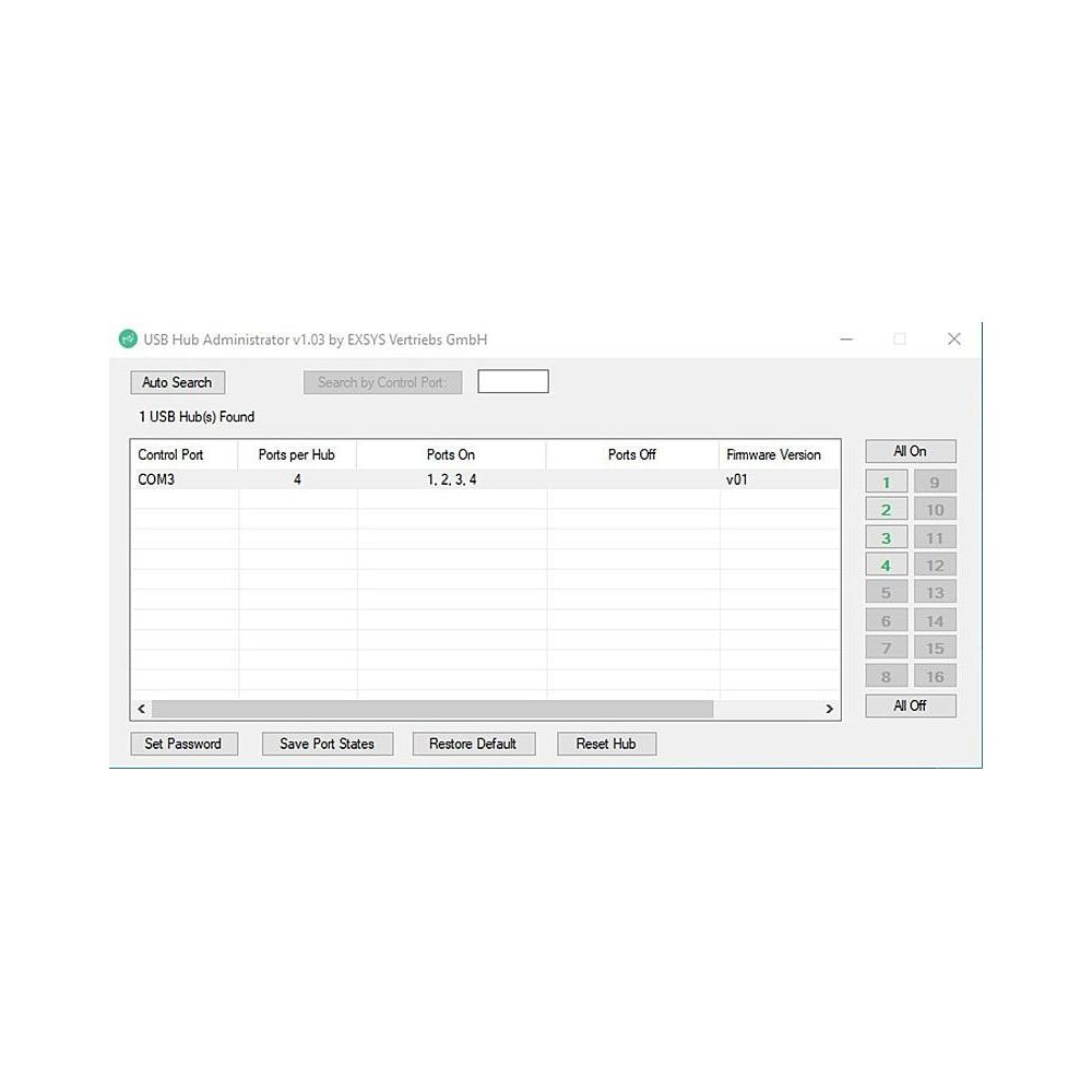 Screenshot di USB Hub Administrator con stato porte e versione firmware.