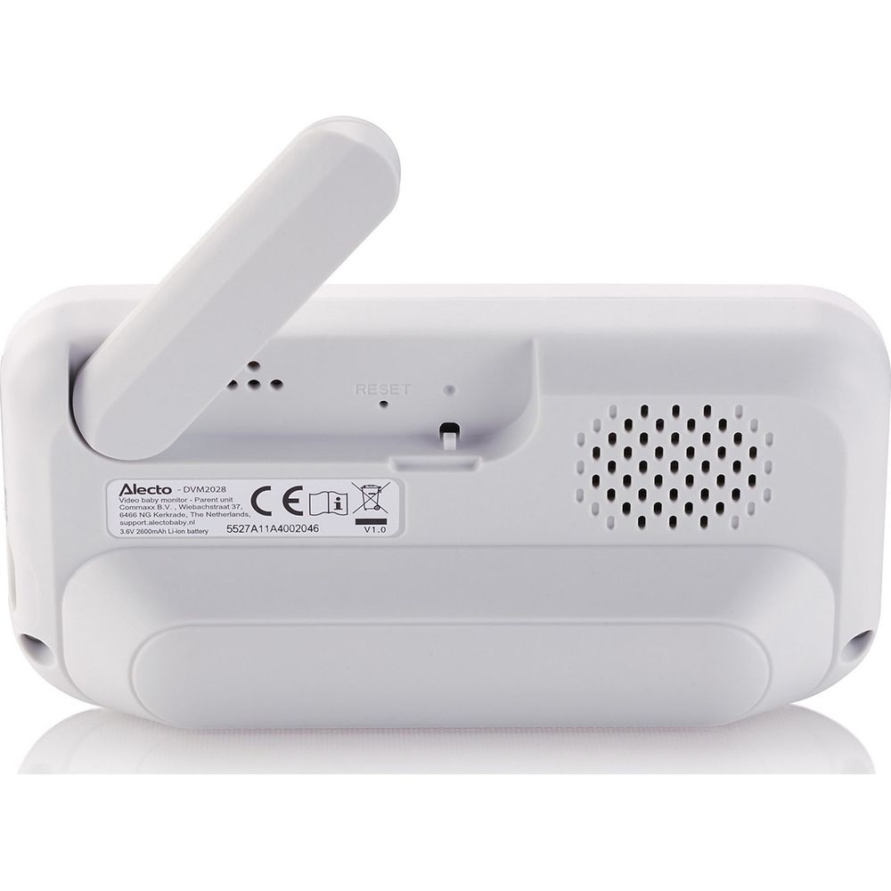 Rückseite eines weißen Video-Babyphones mit Antenne, Reset-Knopf und Lautsprecher.