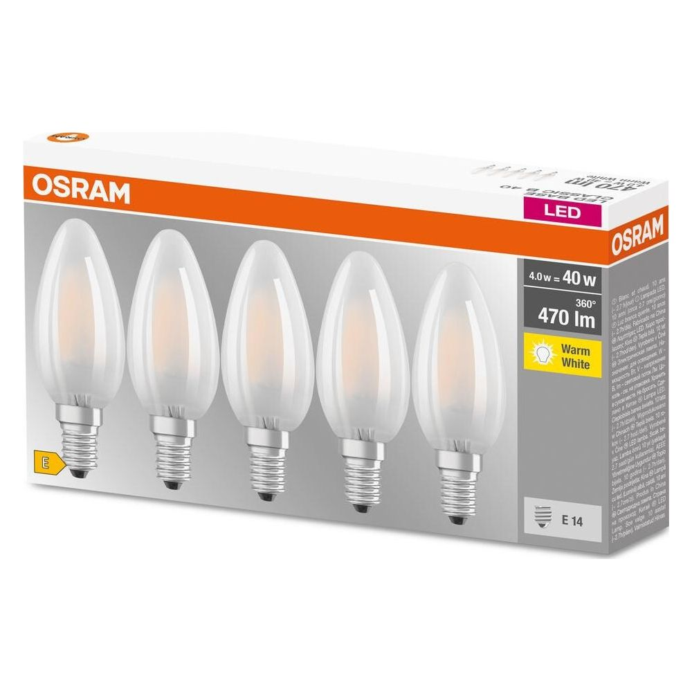 Emballage avec cinq ampoules LED Osram bougie, culot E14, lumière blanc chaud.