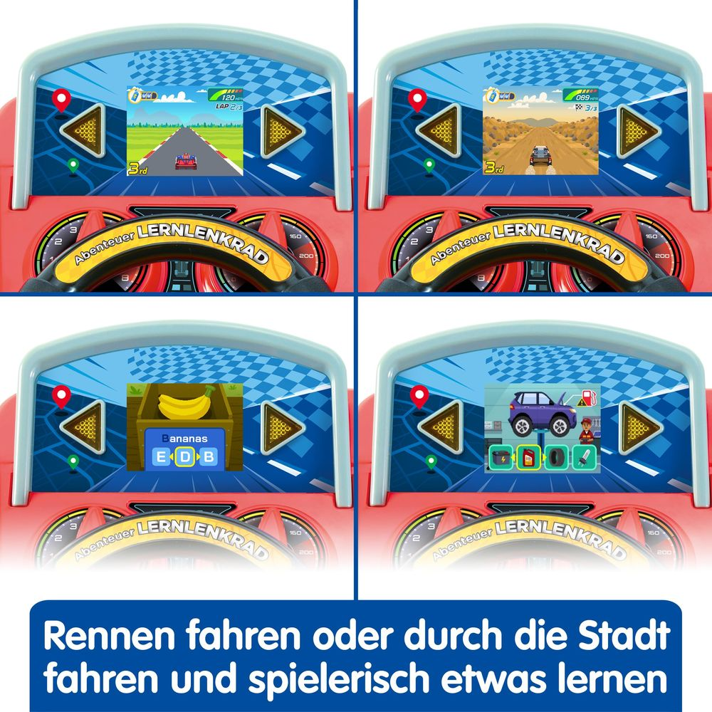 Quatre écrans montrent un volant d'apprentissage avec des jeux de course et du contenu éducatif.