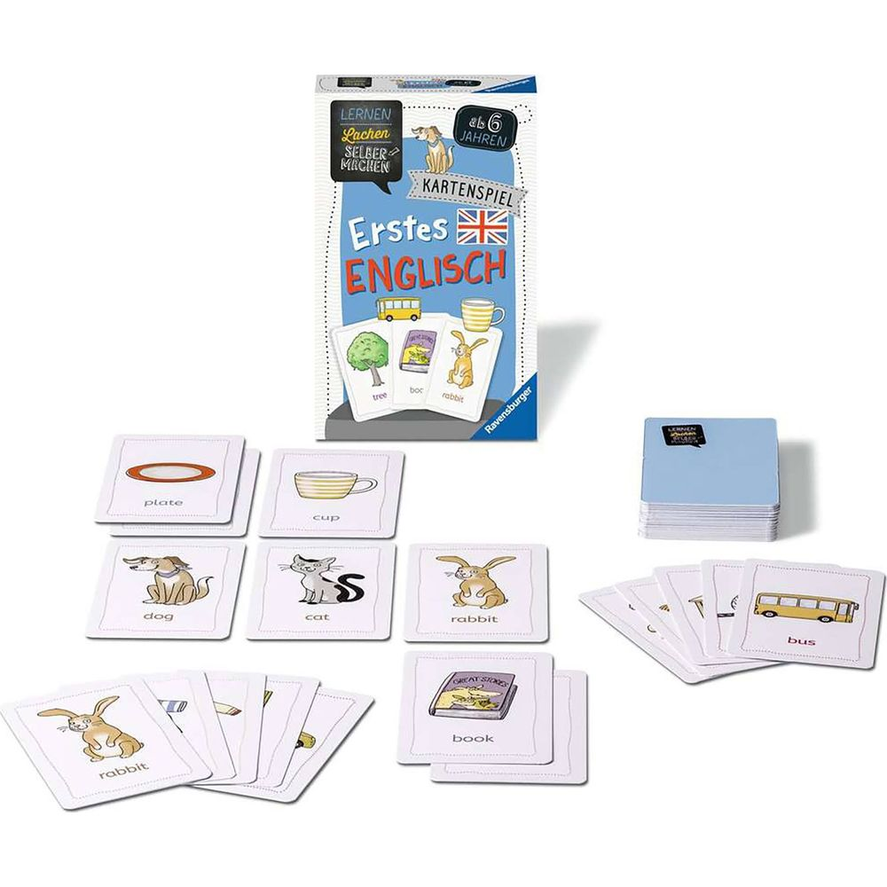 Jeu d'apprentissage de l'anglais pour débutants avec cartes : assiette, tasse, chien, chat, lapin, livre, bus.