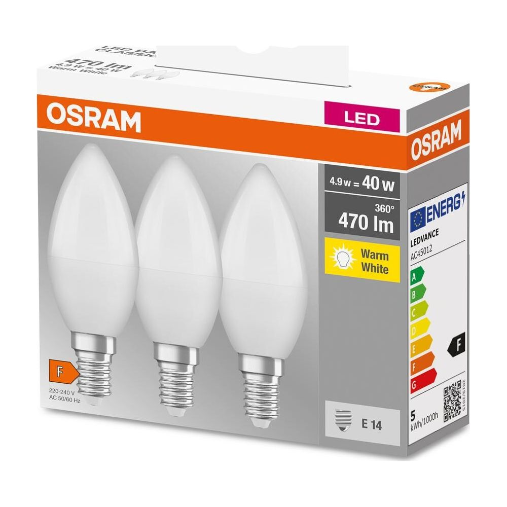 Confezione da tre lampadine LED Osram a candela, bianco caldo, base E14.