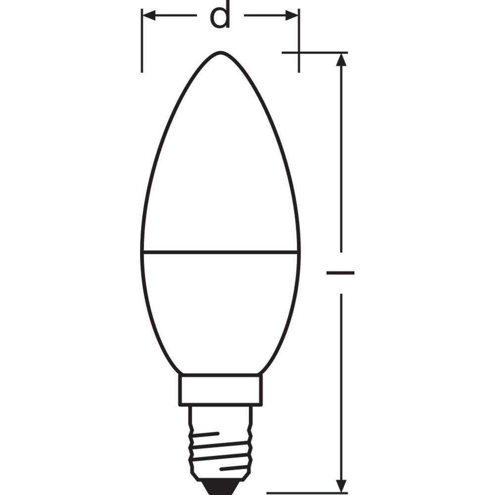 Disegno tecnico di una lampadina a candela con dimensioni.