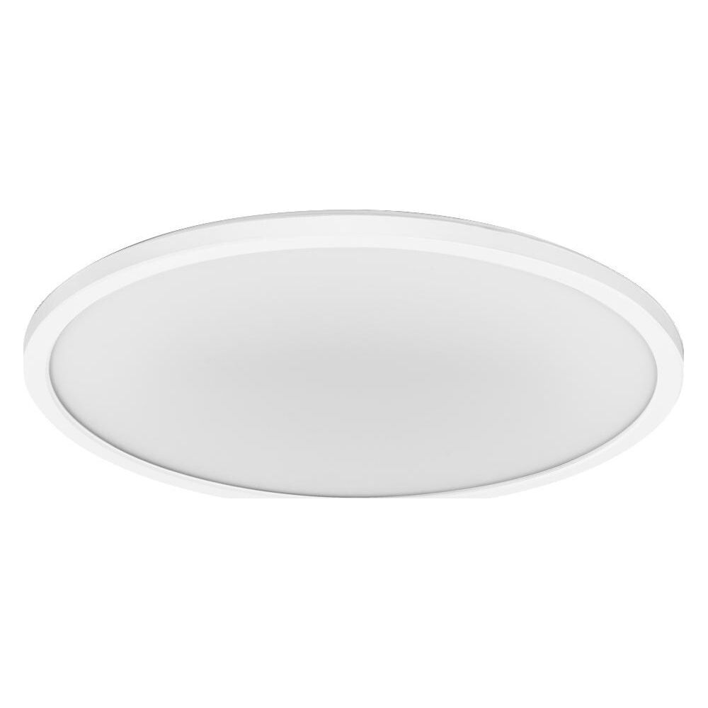 Un plafonnier blanc, rond et discret, isolé sur fond blanc.