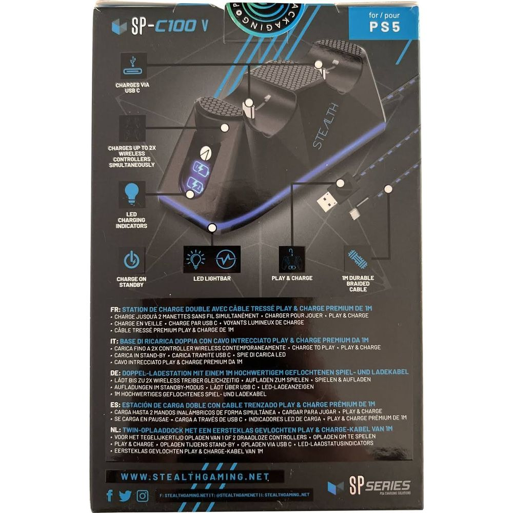 Confezione stazione ricarica doppia PS5 per controller con porta USB-C.