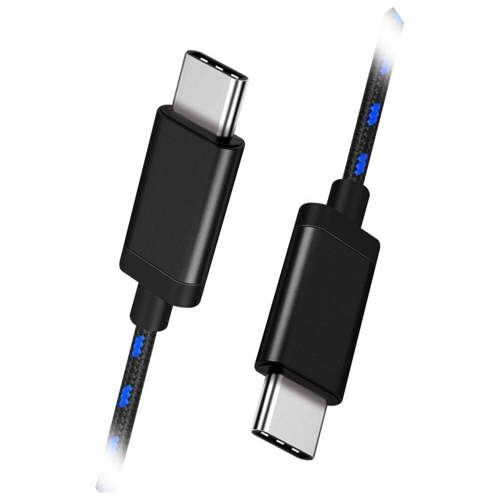 Due cavi USB-C neri con connettori argentati giacciono su sfondo bianco.