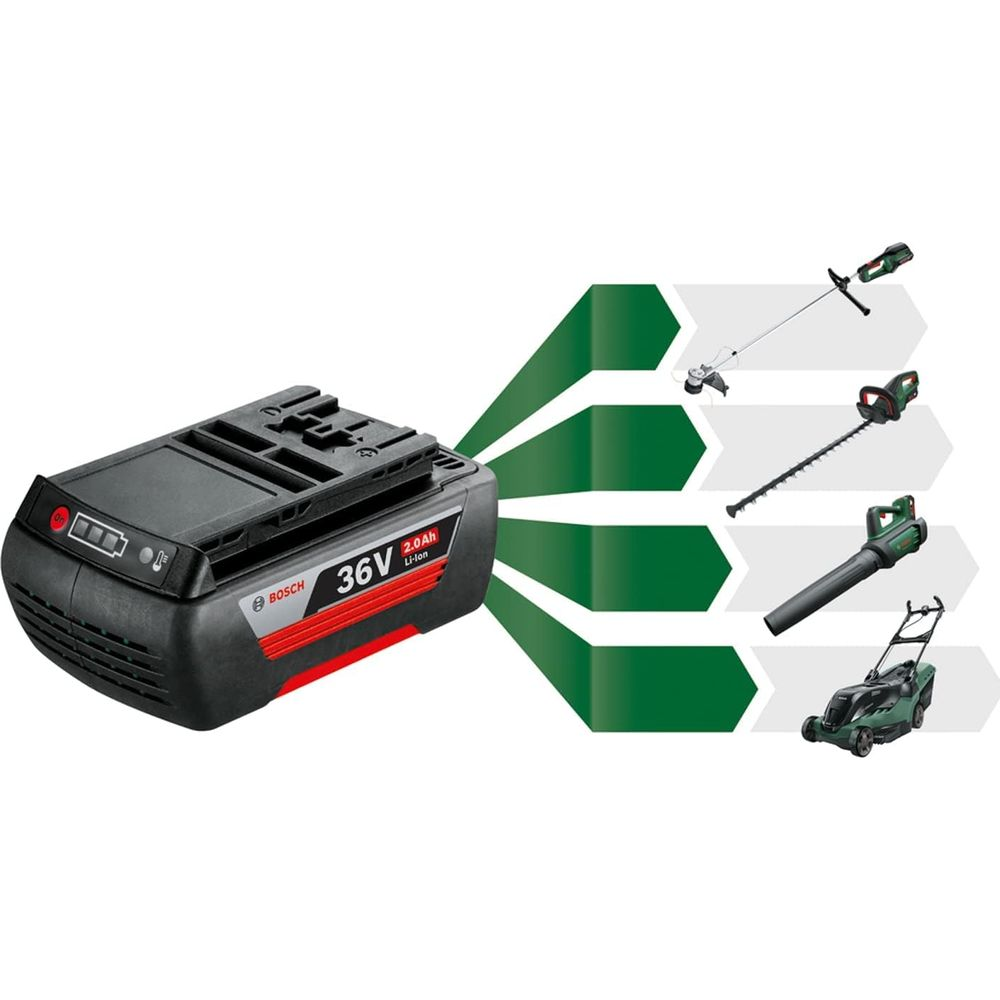 Una batteria Bosch nera da 36V con accenti rossi, collegata a quattro attrezzi da giardino.