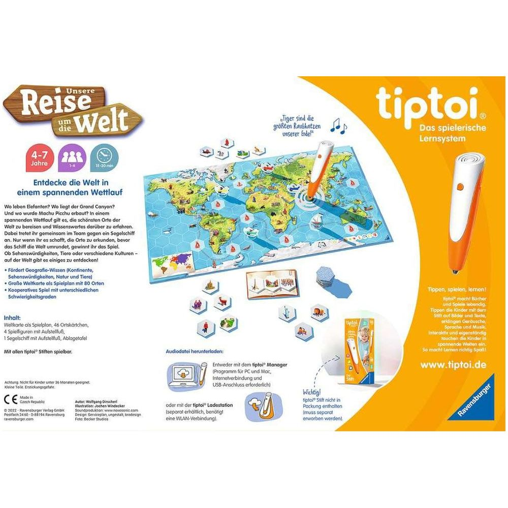 Weltkarte mit tiptoi Stift, Spielfiguren und Kärtchen. Alter 4-7.