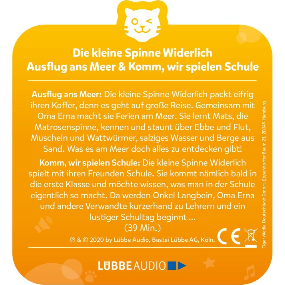 Orangefarbene Verpackung mit deutschem Text über eine kleine Spinne, die ans Meer fährt und zur Schule geht.