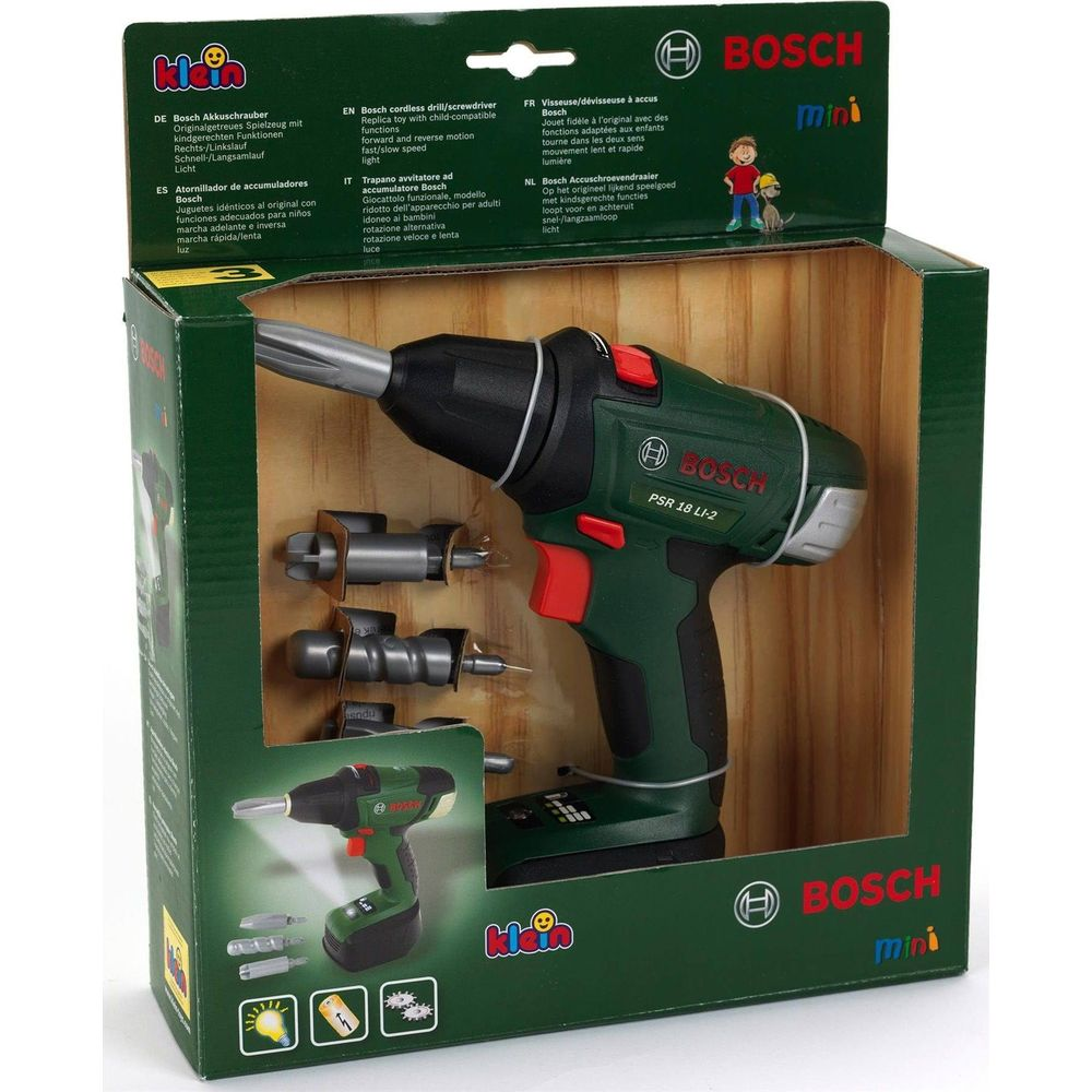 Zielona zabawka wiertarka Bosch z akcesoriami i zdjęciami na opakowaniu.