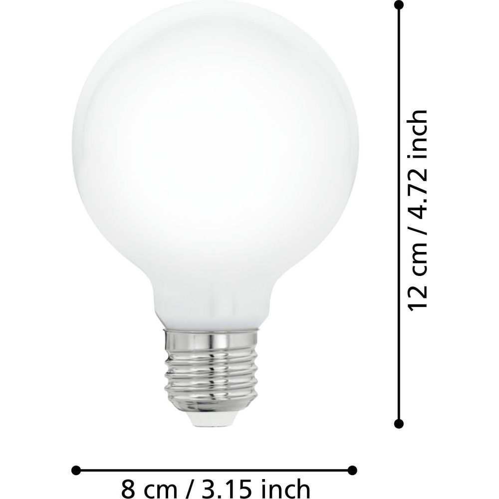 Une ampoule globe blanche à culot à vis. Dimensions : 8cm large, 12cm haut.
