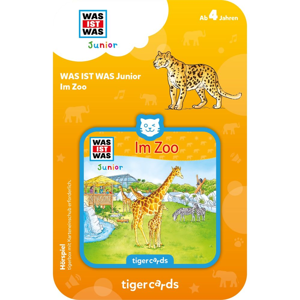 Un leopardo in alto, giraffe e zebre in basso su una carta dello zoo.