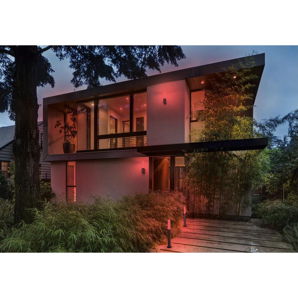 Modernes Haus bei Nacht mit roten Akzentlichtern und üppiger Vegetation.