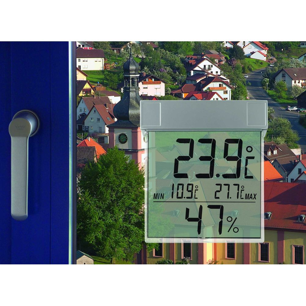 Ein digitaler Thermometer zeigt 23,9°C, 10,9°C Min, 27,7°C Max und 47% Luftfeuchtigkeit an.
