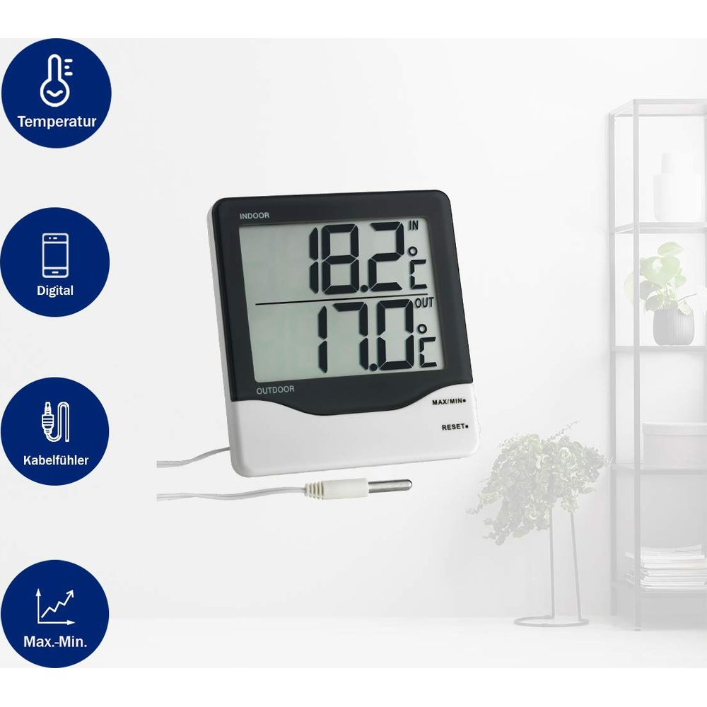 Digitalthermometer zeigt 18.2°C innen und 17.0°C außen an.