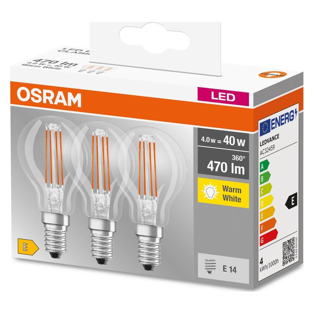 Confezione di lampadine LED OSRAM con tre lampadine e etichetta energetica.
