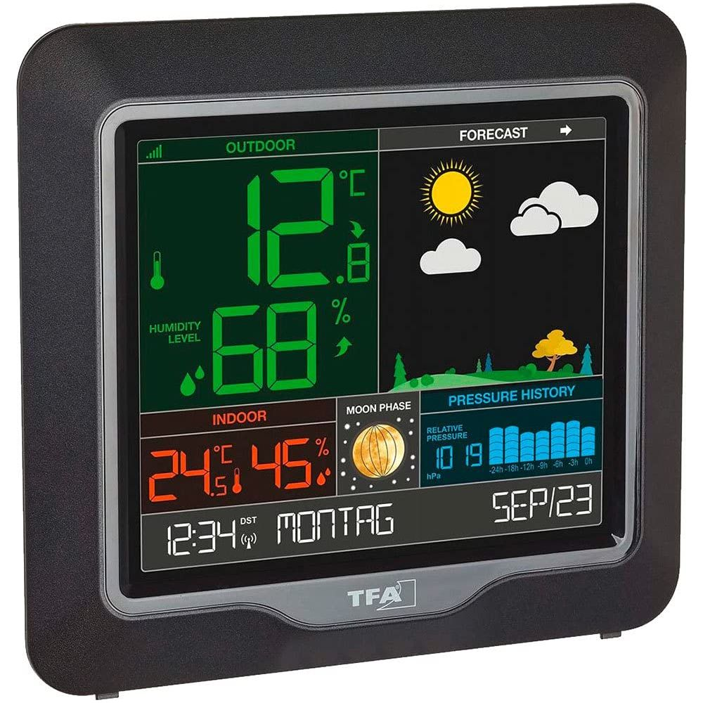 Digitalwetterstation zeigt Außen 12°C, 68% Luftfeuchtigkeit, Innen 24.5°C, 45% Luftfeuchtigkeit.