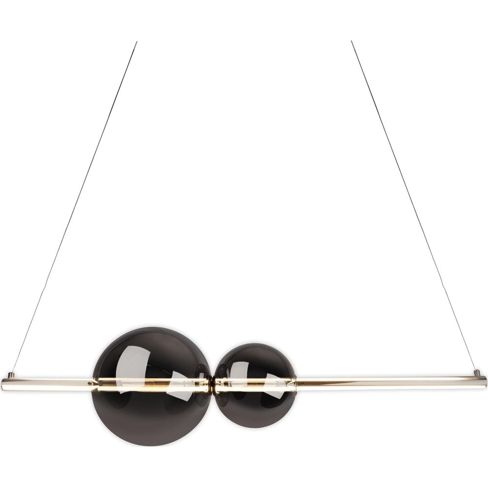 Un plafonnier moderne avec deux sphères de verre foncé sur une barre.