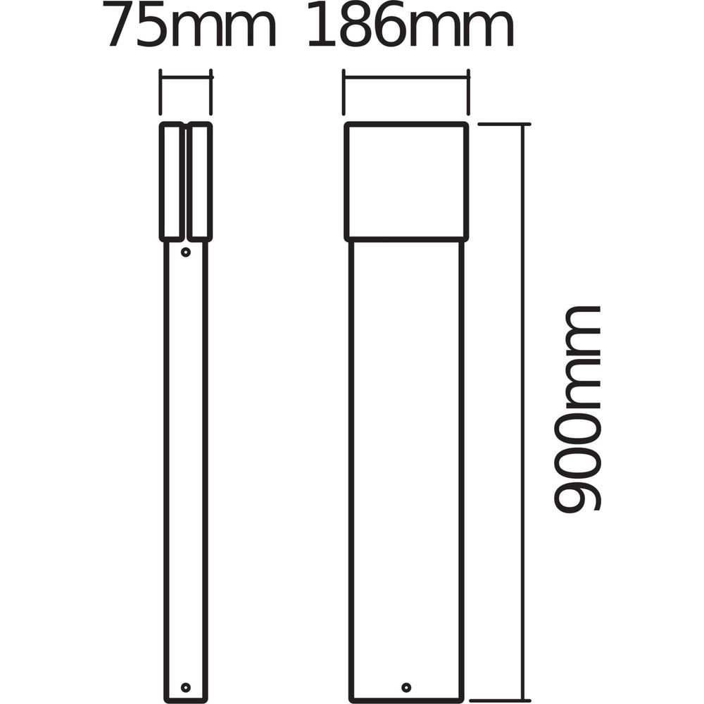 Zwei Lampenpfosten mit Maßen: 75mm, 186mm, 900mm.