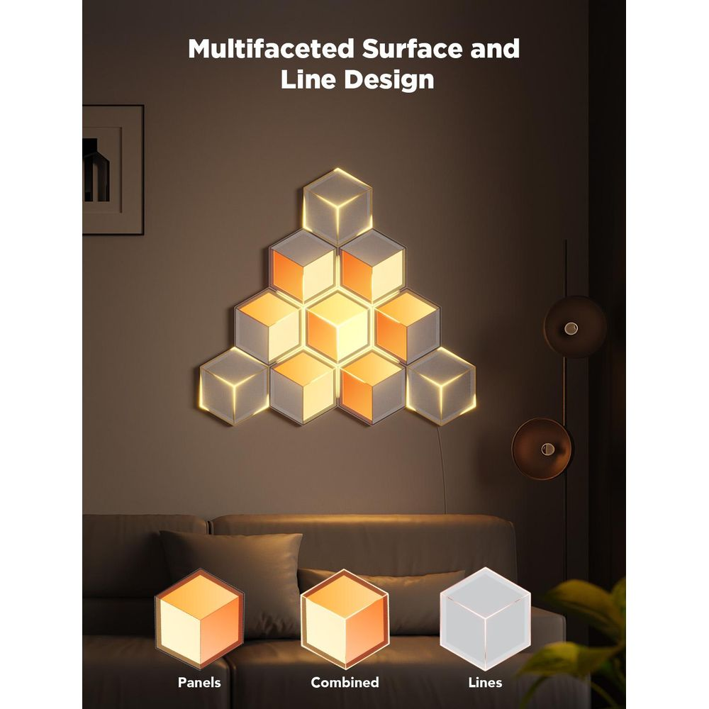 Des panneaux hexagonaux éclairés forment un motif géométrique au mur.