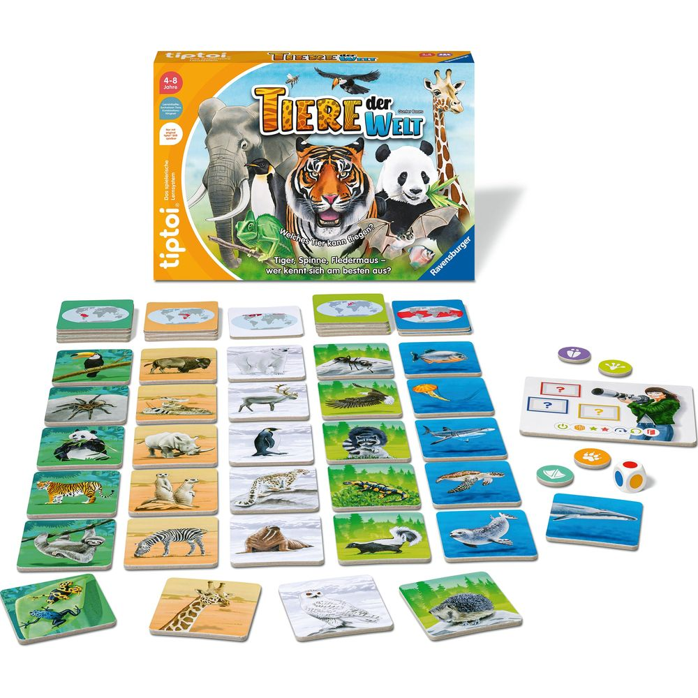 Tiptoi Brettspiel "Tiere der Welt" mit vielen Tierkarten, Weltenkarten und Spielzubehör.