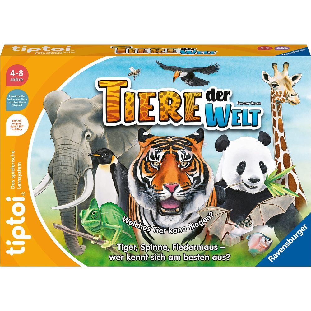 Brettspiel "Tiere der Welt" mit Elefant, Tiger, Panda, Giraffe, Pinguin, Chamäleon, Fledermaus.