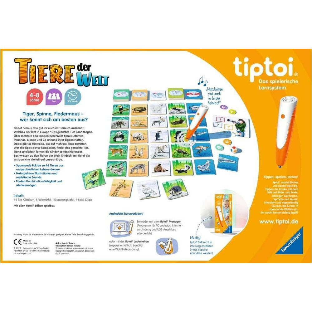 Tiptoi Spielset mit Tierkarten, Stift und Würfel. Zeigt Tiere aus aller Welt.