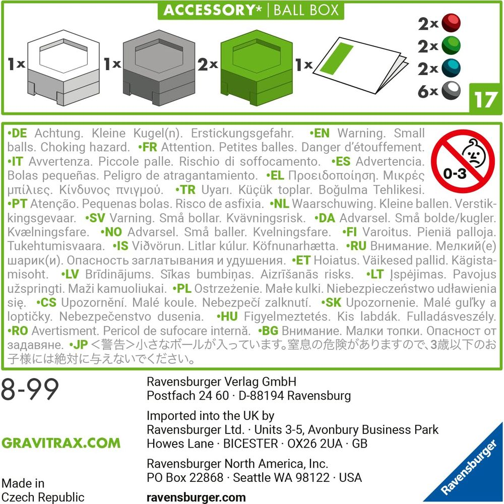 Avvertenza: Piccole palle. Rischio di soffocamento. 3x palle, 1x scatola, 1x pietra.
