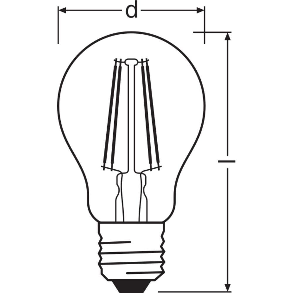 Disegno tecnico di una lampadina a LED con design a filamento.