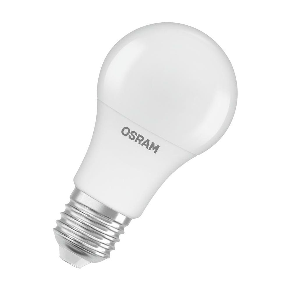 Una lampadina LED OSRAM bianca con base a vite su sfondo bianco.
