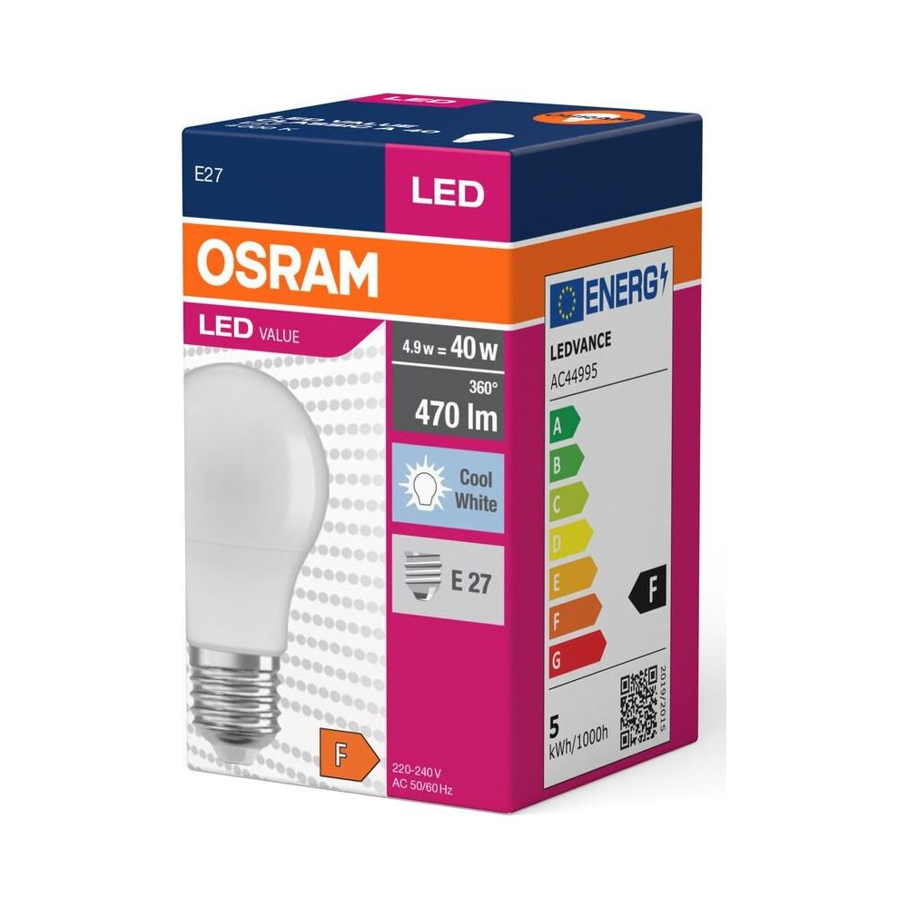 Lampadina LED Osram in confezione con etichetta energetica e dati tecnici.