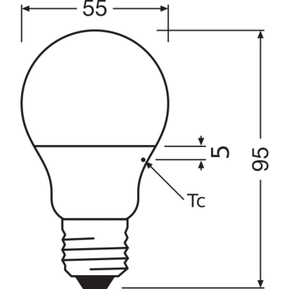 Disegno tecnico di una lampadina, largo 55mm e alto 95mm.