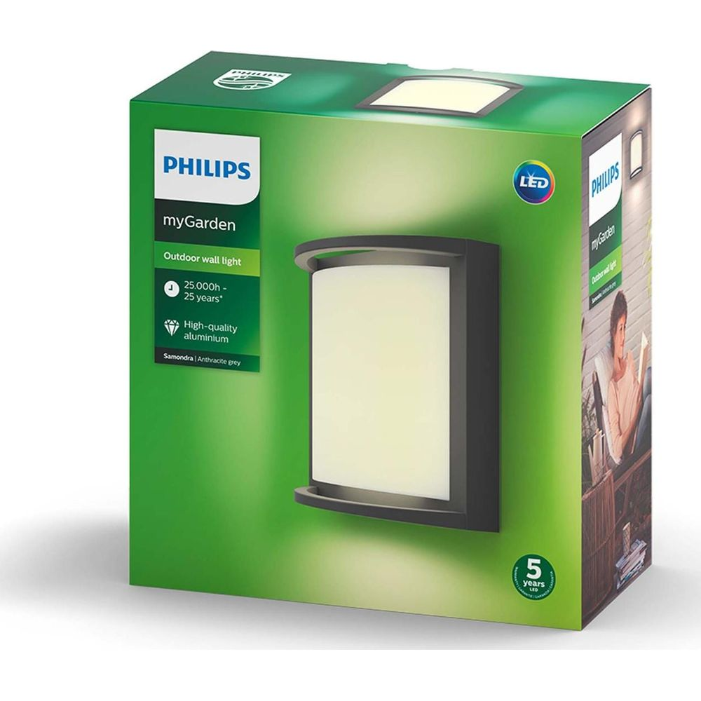 Verpackung einer Philips MyGarden Außenwandleuchte aus Anthrazitgrau.