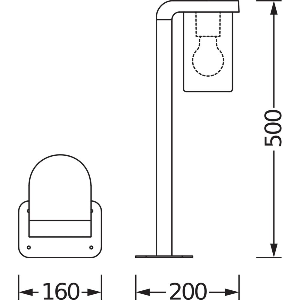 Technische Zeichnung einer Lampe und eines Sitzes mit Maßen.