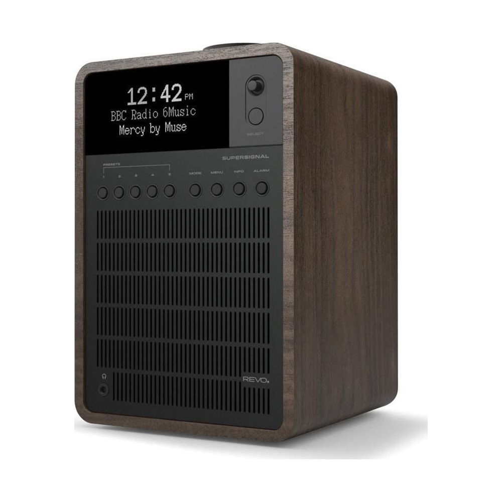 Une radio en bois avec écran numérique affichant 12:42 PM, BBC Radio 6Music, Mercy by Muse.